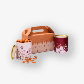 Kraft Handle box with 2 red print cannisters <br><p style="font-size:15px;">(21 x 10.5 X 12 cm H Cannisters: 11 cm H X 9 cm Dia)</p>